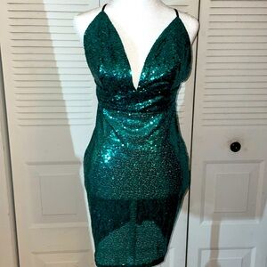 NWOT sexy Teal sequin dress w black  inner lined bust area back zipper closure
